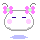 A 4-frame pixel art contact sheet of a white rounded character with pink cheeks, purple eyes, and pink-and-green bow hair accessories against a gray background.
