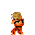 Pixel art animation of a character in orange martial arts uniform performing various combat moves with energy effects and interactions with another character.