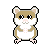Pixelated hamster character with brown and white fur, pink nose, black eyes, and small ears in six sequential poses showing arm movements and heart symbols.