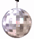 A silver disco ball with reflective mirror facets, suspended by a chain against white background.