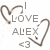 Pixelated icon with brown heart outlines, gray text reading 'I LOVE ALEX', and a '<3' symbol on white background.