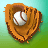 Pixelated baseball glove in brown tones holding a white ball with red stitching against a gradient background of light blue and green.