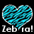 A pixelated heart-shaped icon with cyan and black stripes, outlined in white, above the text 'Zebra!' in white block letters on a black background.