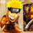 Pixelated anime character with spiky yellow hair and orange outfit, smiling with visible teeth, wearing a dark headband with a metal plate, positioned next to a smaller figure in a brown outfit.
