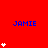 Red background with blue text 'JAMIE' and white heart icons in a pattern, some hearts animate vertically