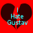 Red background with two dark brown broken heart shapes and cyan text reading "I Hate Gustav" in pixelated font.
