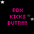 Black background with pink text 'POX KICKS BUTT!!!!!' repeated in a , white and gray stars scattered around the text