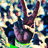 Pixelated static icon with dark central figure, purple and blue hues, green base, and scattered light-colored background elements.