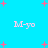 Pixelated blue background with pink plus signs and four instances of 'M-yo' text in light pink.