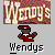 Pixelated graphic featuring a stylized character in red attire with a white name tag, below a colorful 'Wendy's' logo and above the text 'Wendys' in blocky font.