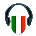 Animated sequence of headphones with Italian flag shield changing size and shape across frames.