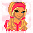 Pixel art contact sheet showing three frames of an animated AIM buddy icon featuring a cheerleader character with blonde hair and red headband, alongside text elements on pink backgrounds.