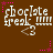 Brown background with white pixelated text 'chocolate freak' and a heart symbol, surrounded by pink star-shaped sparkles.