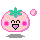 Pixelated pink tomato-shaped character with green stem, black eyes and mouth, purple nose, pink cheeks; four variations show subtle pose changes.