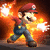 Pixelated character in red cap and blue overalls stands amid orange-yellow flames with two white starbursts, one left of head, one right of body.