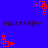 Blue background with red square patterns and dark purple text reading "MATTHEW" in pixelated font across four positions.