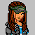 Pixel art of a girl with long brown hair, green cap, gray jacket, and blue shirt; next to a figure in dark top and blue pants; beside a blue pixelated cloud-like shape on gray background.