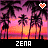Pixelated sunset scene with palm trees, two heart symbols above the horizon, and 'ZENA' text at bottom on black background.