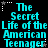 The Secret Life of the American Teenager text in cyan pixelated font on black background with white and gray star-shaped elements.