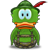 Green pixelated character with large blue eyes, orange scarf, red feather, and brown belt against gray background.