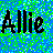 Pixelated contact sheet showing two frames of an animated buddy icon with the name "Allie" in contrasting styles against a blue-green dithered background.
