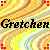 Pixelated image with 'Gretchen' text over a colorful abstract background featuring red squares at corners.