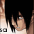 Pixelated anime-style character with black hair and white eyes, wearing a white shirt, with text overlays in four quadrants.