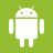 Pixelated white Android robot icon with two antennae, square eyes, and rectangular limbs on solid green background.