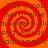 A static image with a red and orange spiral background displaying repeated text labels in brown font.