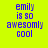 Four display the text 'emily is so awesomly cool' in blue pixelated font on yellow, light green, cyan, and light green backgrounds