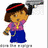 Pixelated cartoon character with brown hair and red headband holds gray object above shoulder, wearing pink top and blue pants.