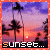 Pixelated sunset scene with palm trees silhouetted against orange and purple sky, text 'sunset...' at bottom left.