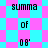 Pixelated text 'summa of 08' repeated on a checkered background with cyan and pink squares, transitioning to diamond-shaped