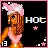 Pixel art contact sheet showing two frames of an animated buddy icon featuring a cartoon woman with long brown hair, pink top, and white headband against black background with "HOT" text and stars.