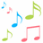 Pixelated musical notes in green, blue, and pink surround black text reading 'God first than music!' on a white background.