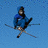 A pixelated figure in blue clothing skis across a solid blue background, then transitions to the same figure skiing on snow with white and gray tones.