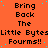 Orange background with black text repeating 'Bring Back The Little Bytes Fours!!' in a pattern, scattered blue dots, and a gray rectangle in the bottom-right corner