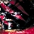 Pixelated static image of a figure in red and white attire with a dark background and red accents.
