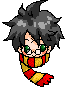 Pixel art character with messy dark gray hair, green eyes, and a red-yellow striped scarf against light gray background.