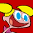 Pixelated cartoon character with yellow hair, blue eyes, and pink skin against a solid red background.