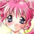 Pixelated close-up of an anime-style character with pink hair, large black eyes with white highlights, and a light pink complexion against a pale yellow background.