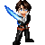 Pixel art character with brown hair and blue eyes in black outfit, wielding a glowing blue sword across multiple poses.