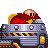 Pixelated character in red and yellow attire reclines atop a gray vehicle with checkered patterns, orange accents, and visible mechanical details.