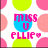 Pixelated icon with pink text "MISS U ELLIE" over blue circle, surrounded by green and pink circles on white background.