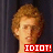 A 3x2 contact sheet of six animated frames showing a character's head with curly hair against a dark background, featuring alternating red and blue text overlays reading "IDLIOT!" and "GOSH!" in pixelated font.