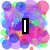 Pixelated watercolor-style background with overlapping purple, blue, pink, and green circles; bold black-outlined white text "I LOVE YOU" arranged in three