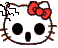 Two pixelated Hello Kitty heads with red bows, black eyes, and open mouths; one head has a cracked outline on the left side.