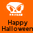 Pixelated white skull icon with orange eyes on bright orange background, below which is black text reading "Happy Halloween".