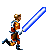 Pixel art animation of a character in orange and brown armor holding a blue lightsaber, running across with varying leg positions