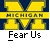 A 2x2 contact sheet of a Michigan-themed animated buddy icon with two identical frames showing the University of Michigan logo and text, alongside promotional text for 'badassbuddy.com' on a gray background.